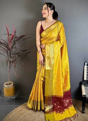 Yellow Color weaving butti work  tissue saree 1