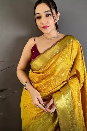 Yellow Color weaving butti work  tissue saree