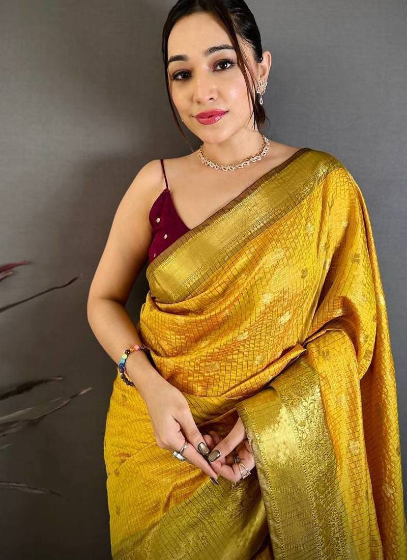 Yellow Color weaving butti work  tissue saree