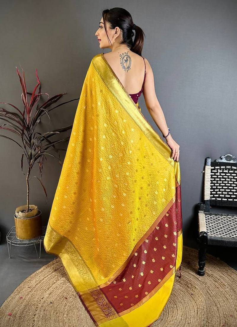 Yellow Color weaving butti work  tissue saree