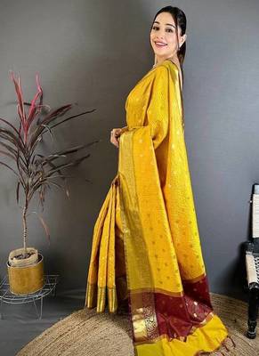 Yellow Color weaving butti work  tissue saree 4