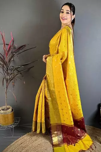 Yellow Color weaving butti work  tissue saree