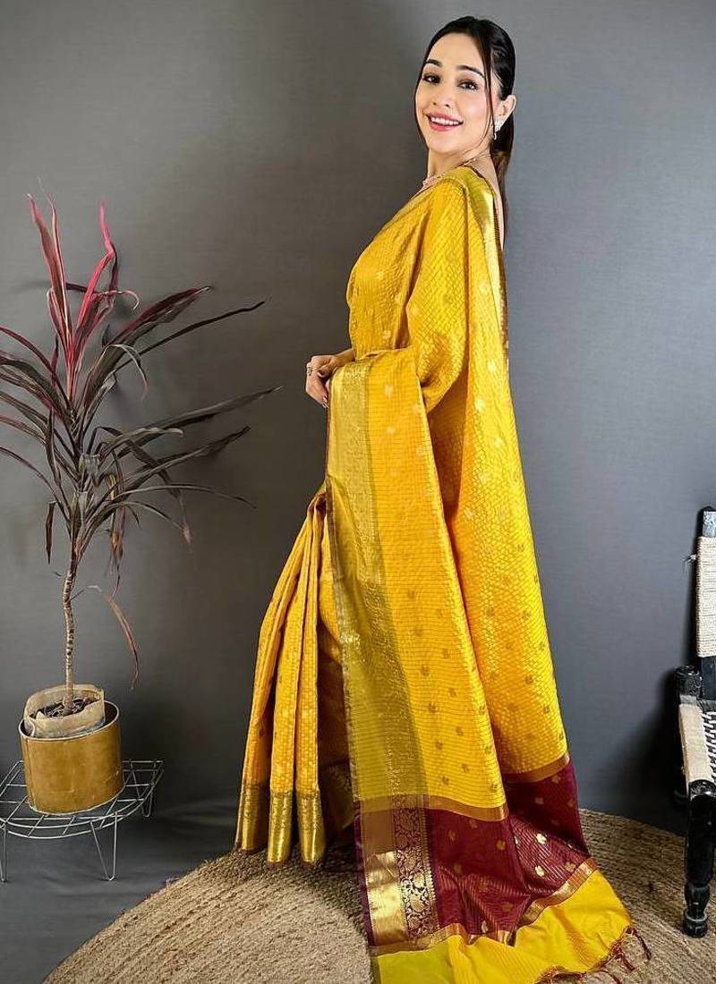 Yellow Color weaving butti work  tissue saree