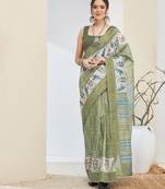 Green color silk blended designer digital printed partywear saree
