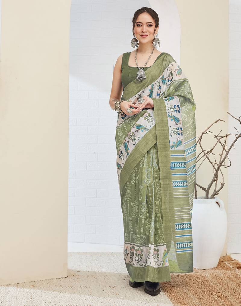 Green color silk blended designer digital printed partywear saree