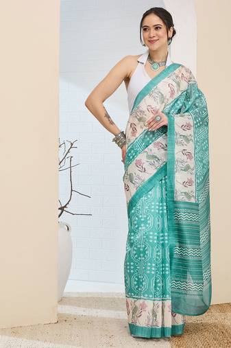 Sea green color silk blended designer digital printed partywear saree