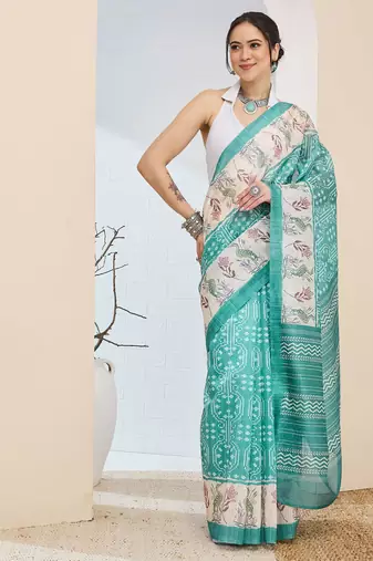 Sea green color silk blended designer digital printed partywear saree