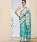 Sea green color silk blended designer digital printed partywear saree