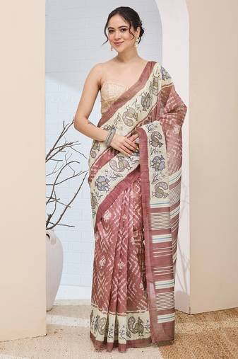 Pink color silk blended designer digital printed partywear saree
