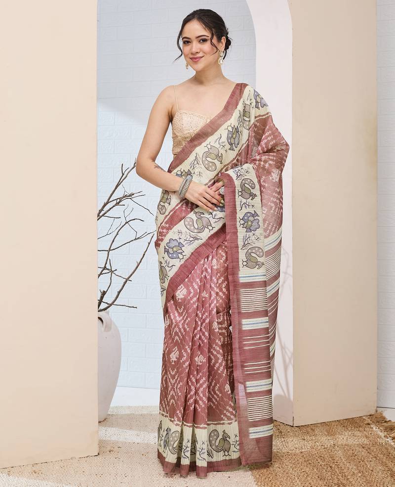 Pink color silk blended designer digital printed partywear saree