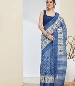 Blue color silk blended designer digital printed partywear saree