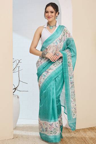 Turquoise color silk blended designer digital printed partywear saree