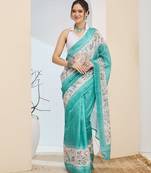 Turquoise color silk blended designer digital printed partywear saree