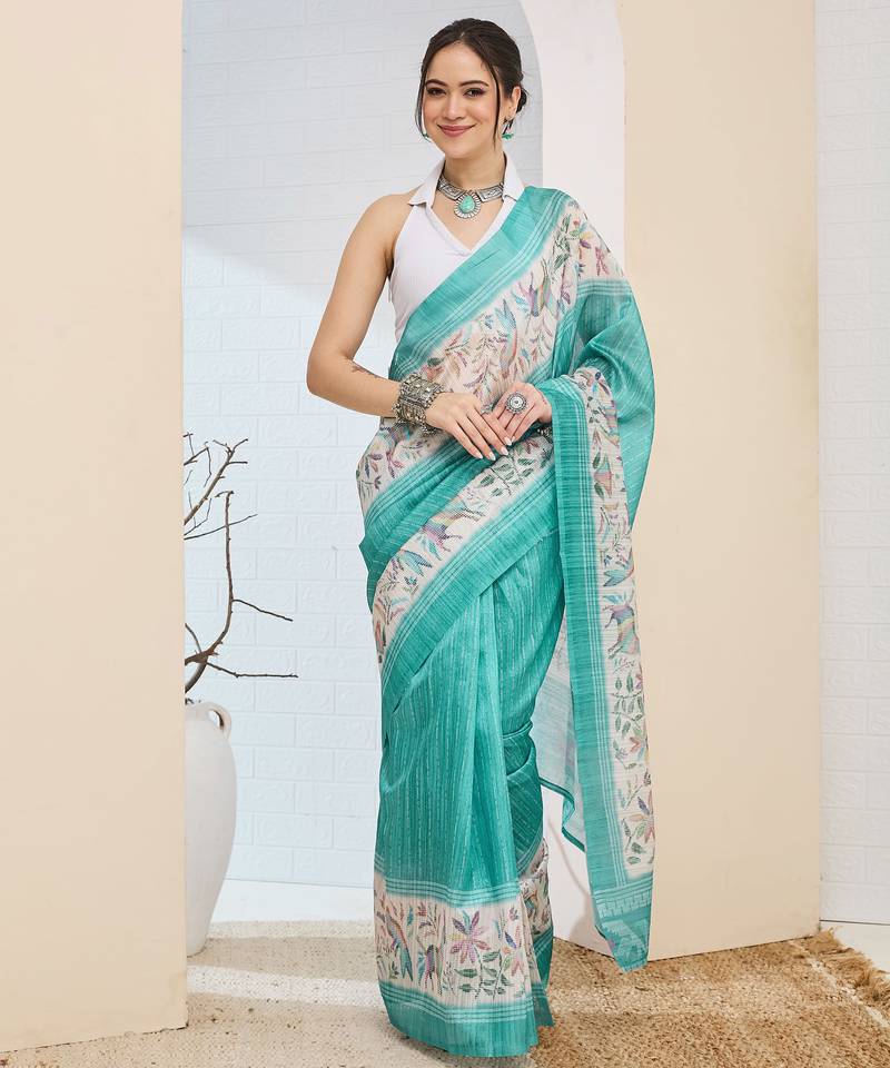 Turquoise color silk blended designer digital printed partywear saree
