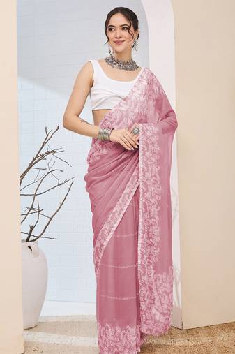 Pink color designer printed chiffon fabric ceremonial partywear saree
