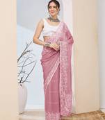 Pink color designer printed chiffon fabric ceremonial partywear saree