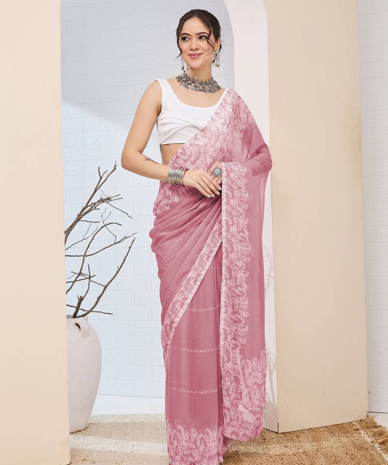 Pink color designer printed chiffon fabric ceremonial partywear saree