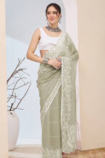 Pista color designer printed chiffon fabric ceremonial partywear saree