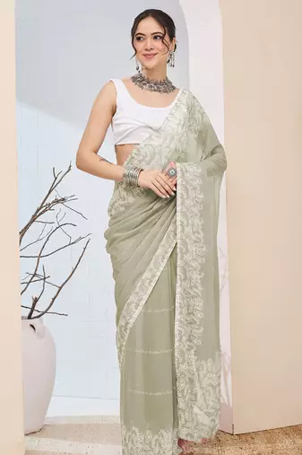 Pista color designer printed chiffon fabric ceremonial partywear saree