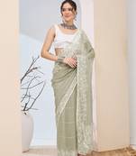 Pista color designer printed chiffon fabric ceremonial partywear saree