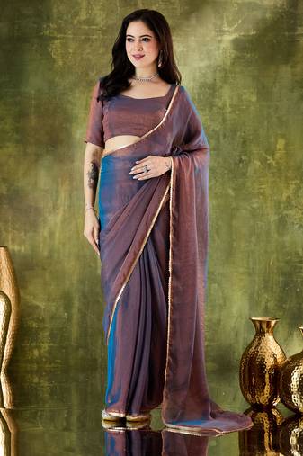 Blue color designer lace border silk blend fabric ceremonial partywear saree