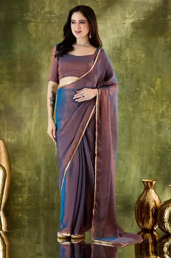 Blue color designer lace border silk blend fabric ceremonial partywear saree