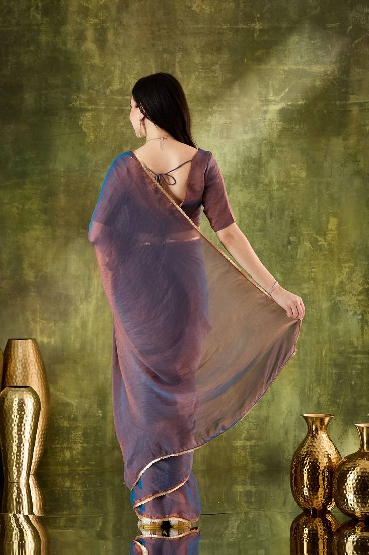 Blue color designer lace border silk blend fabric ceremonial partywear saree