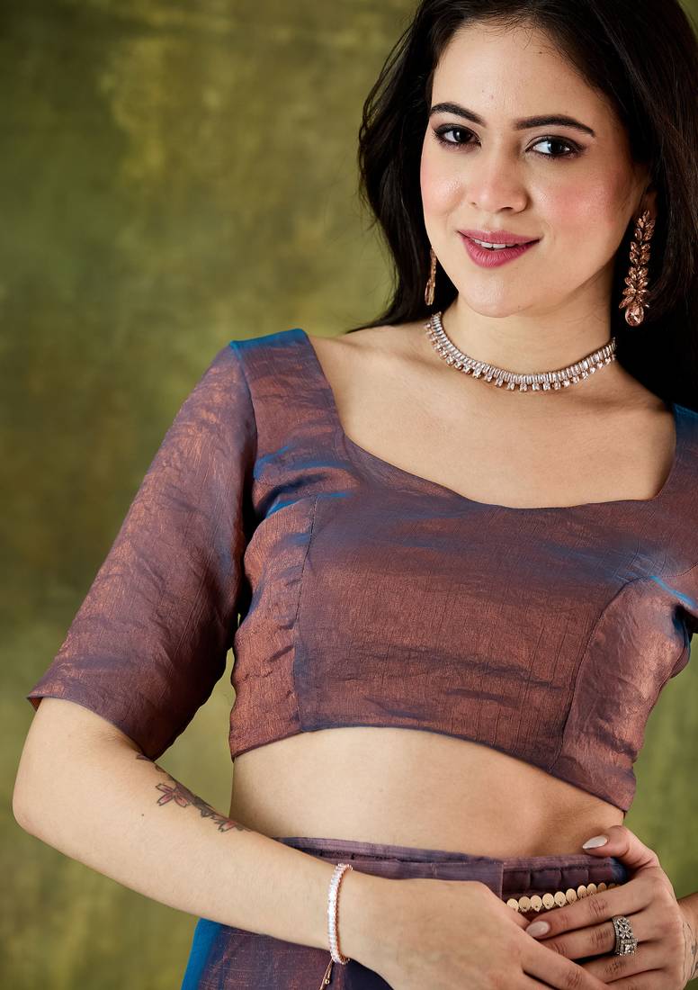 Blue color designer lace border silk blend fabric ceremonial partywear saree