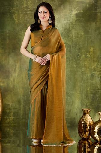 Gold color designer lace border silk blend fabric ceremonial partywear saree