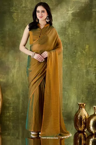 Gold color designer lace border silk blend fabric ceremonial partywear saree