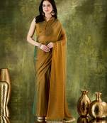 Gold color designer lace border silk blend fabric ceremonial partywear saree