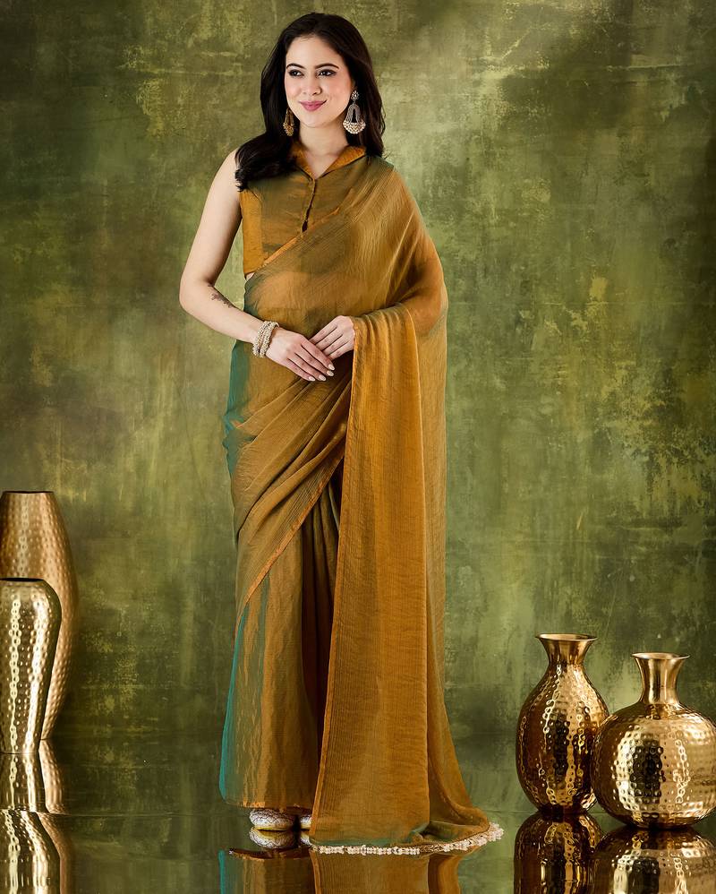 Gold color designer lace border silk blend fabric ceremonial partywear saree