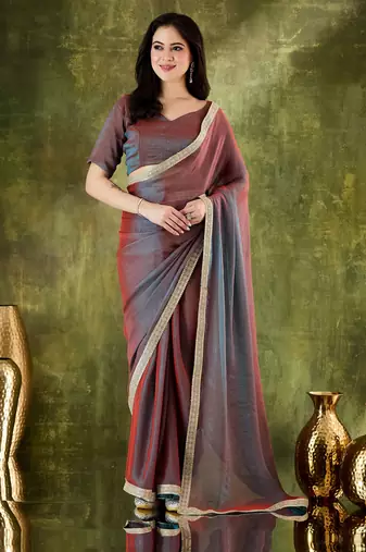 Red color designer lace border silk blend fabric ceremonial partywear saree