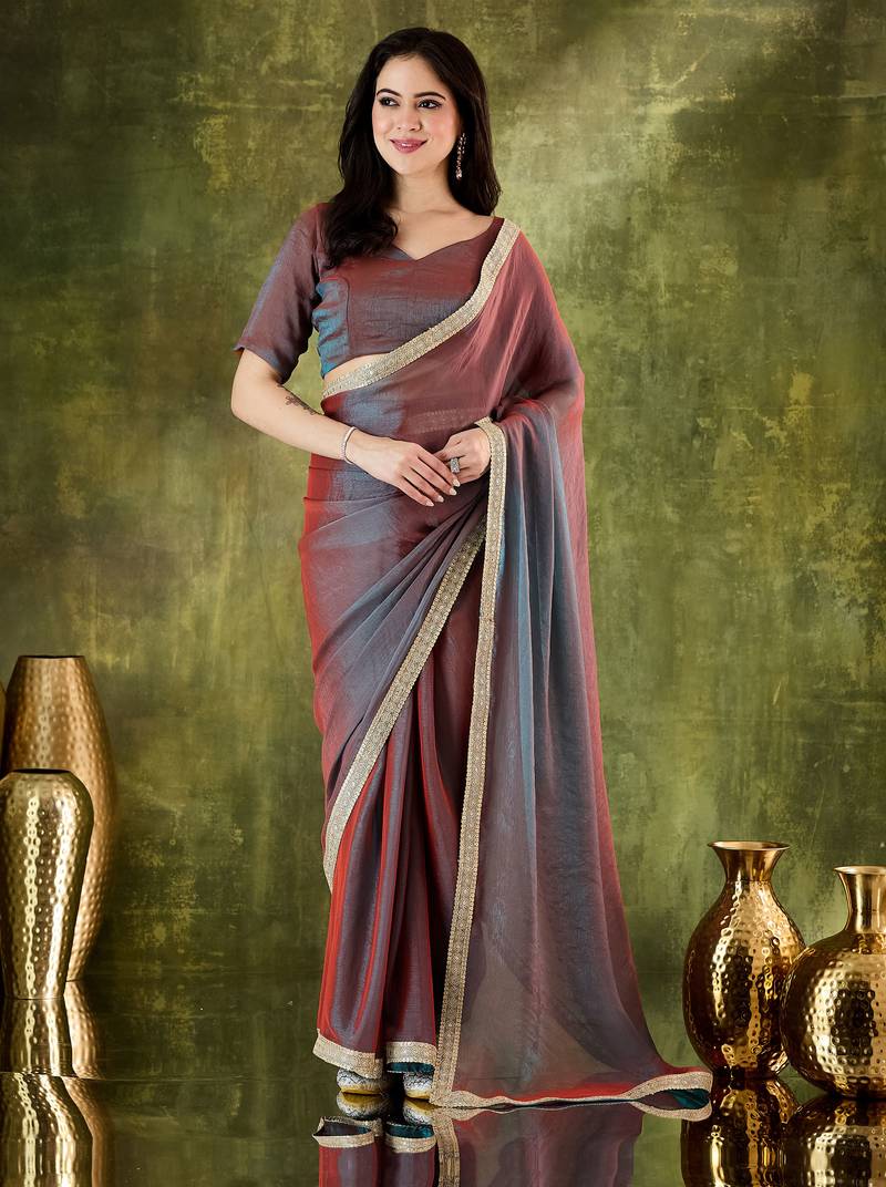 Red color designer lace border silk blend fabric ceremonial partywear saree