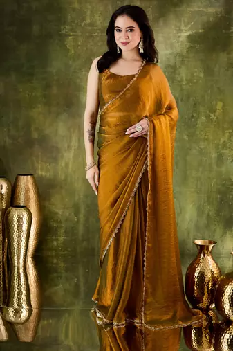 Gold color designer lace border silk blend fabric ceremonial partywear saree