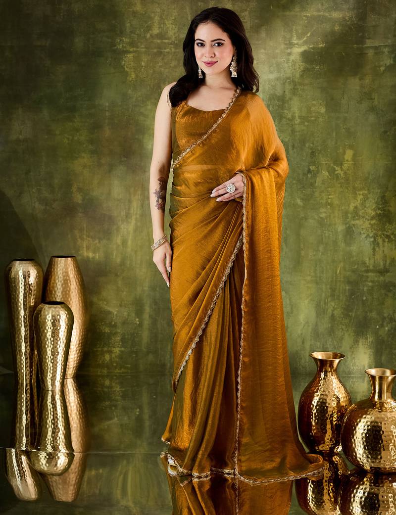 Gold color designer lace border silk blend fabric ceremonial partywear saree