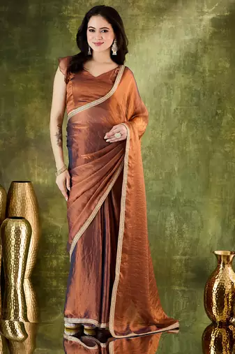 Brown color designer lace border silk blend fabric ceremonial partywear saree