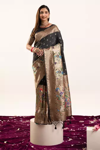 Black color banarasi silk fabric heavy partywear ceremonial saree