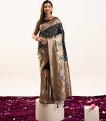 Black faux banarasi silk fabric heavy partywear ceremonial saree