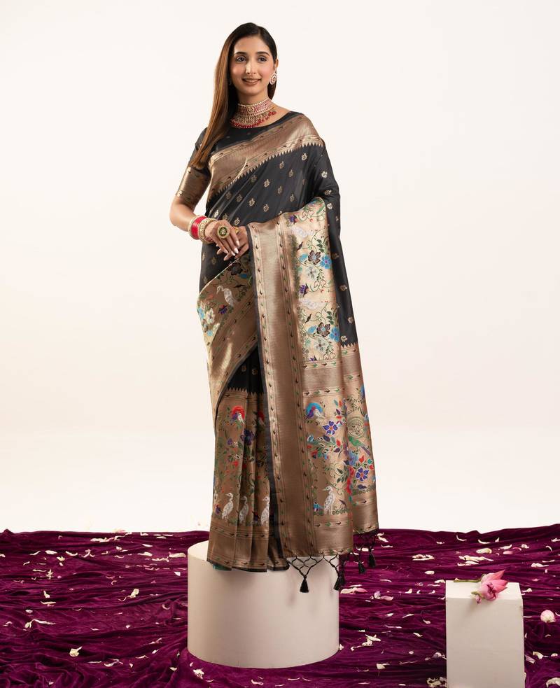 Black color banarasi silk fabric heavy partywear ceremonial saree