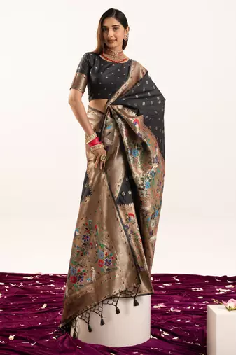 Black faux banarasi silk blend heavy partywear ceremonial saree
