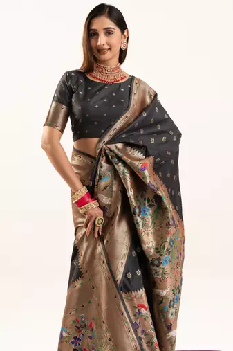 Black faux banarasi silk blend heavy partywear ceremonial saree
