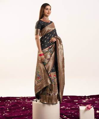 Black faux banarasi silk blend heavy partywear ceremonial saree 4