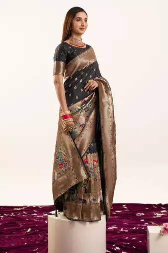 Black faux banarasi silk blend heavy partywear ceremonial saree