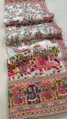 White Color Kashmiri Thread Wooven  art silk saree 1