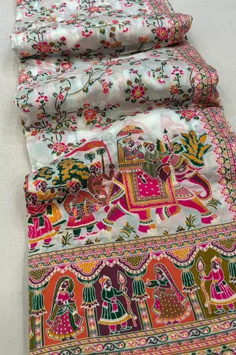 White Color Kashmiri Thread Wooven  Silk Saree