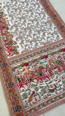White Color Kashmiri Thread Wooven  art silk saree 2