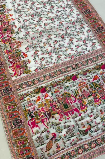White Color Kashmiri Thread Wooven  art silk saree