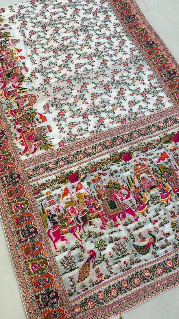 White Color Kashmiri Thread Wooven  Silk Saree