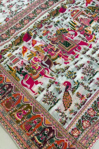 White Color Kashmiri Thread Wooven  art silk saree